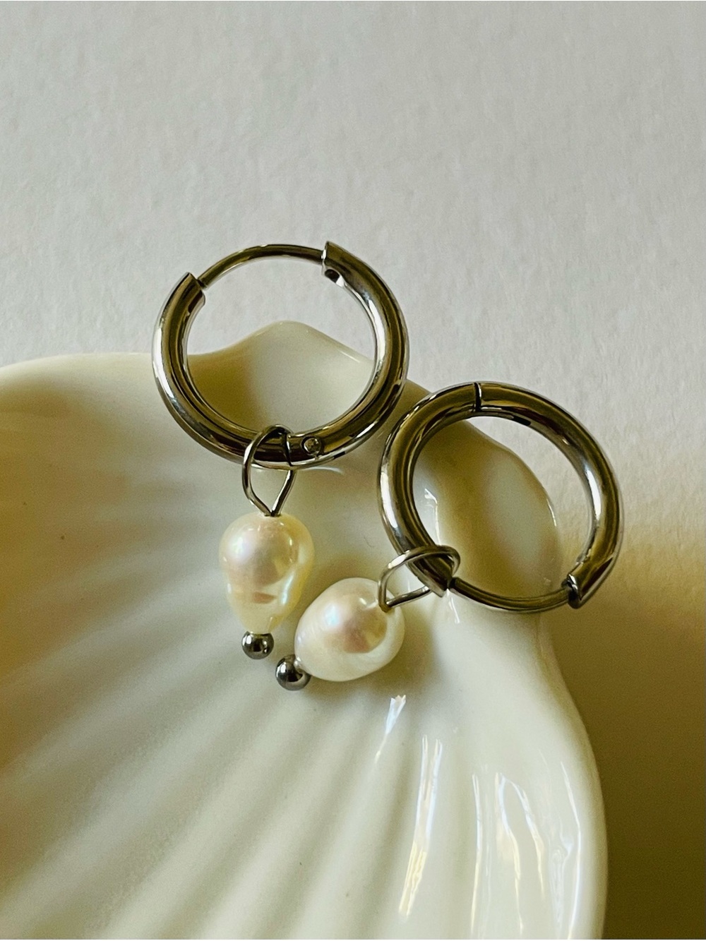 Polished Silver Hoop Earrings with White Freshwater Pearls, minimalist